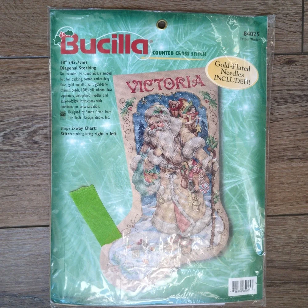 Vtg 90s Bucilla Father Winter Santa Stocking Kit Cross Stitch Stocking Kit 84025